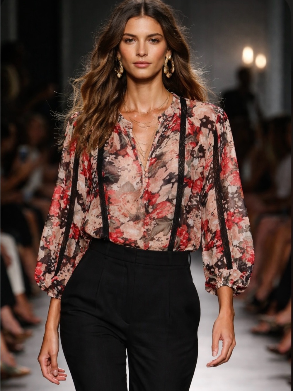 Joie Floral Split-Neck Blouse in Rose and Black